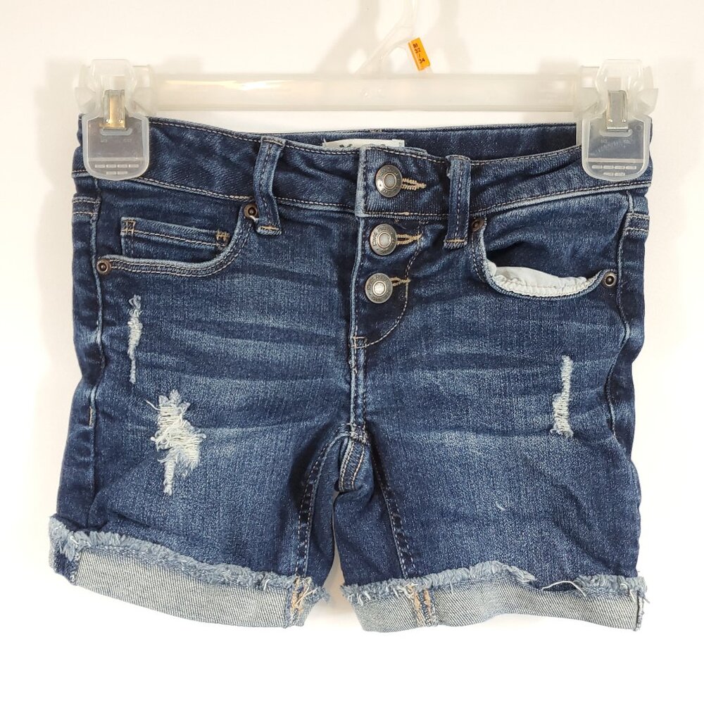 Mudd Girls Dark Wash Denim Blue Jeans Distressed Button Closure Hem Leg Shorts 7